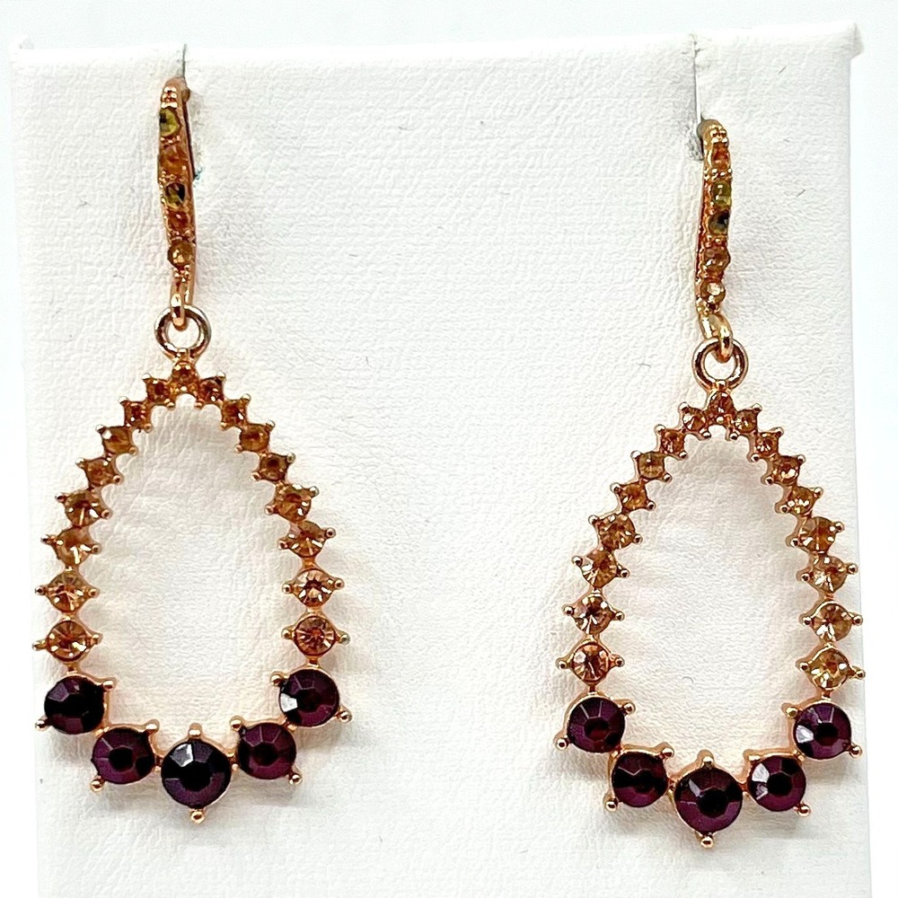 Vintage Boho Teardrop Earrings Plum & Champagne Crystal‎ Gold Tone Dangle Hook